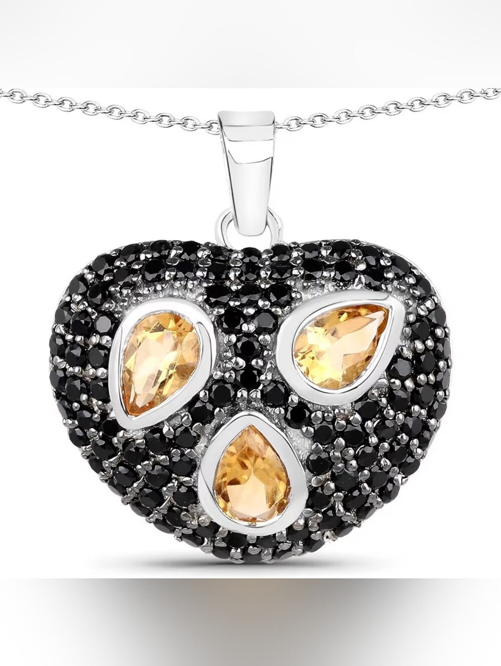 Yellow Citrine Black Spinel Rhodium Over Sterling Silver Cluster Heart Necklace